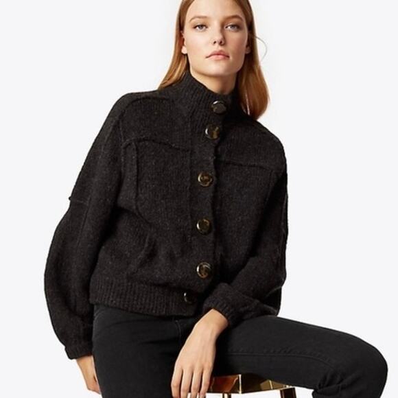 Tory Burch Jillian Wool Chunky Sweater Cardigan Charcoal Gray Sz XS Button Front - Picture 1 of 16